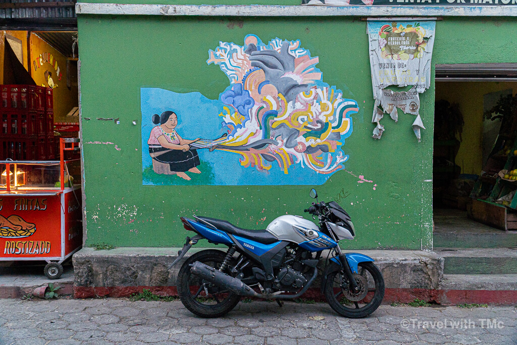 Lake Atitlán - Motorcycle in Front of Mural in Basketball Court in San Juan La Laguna