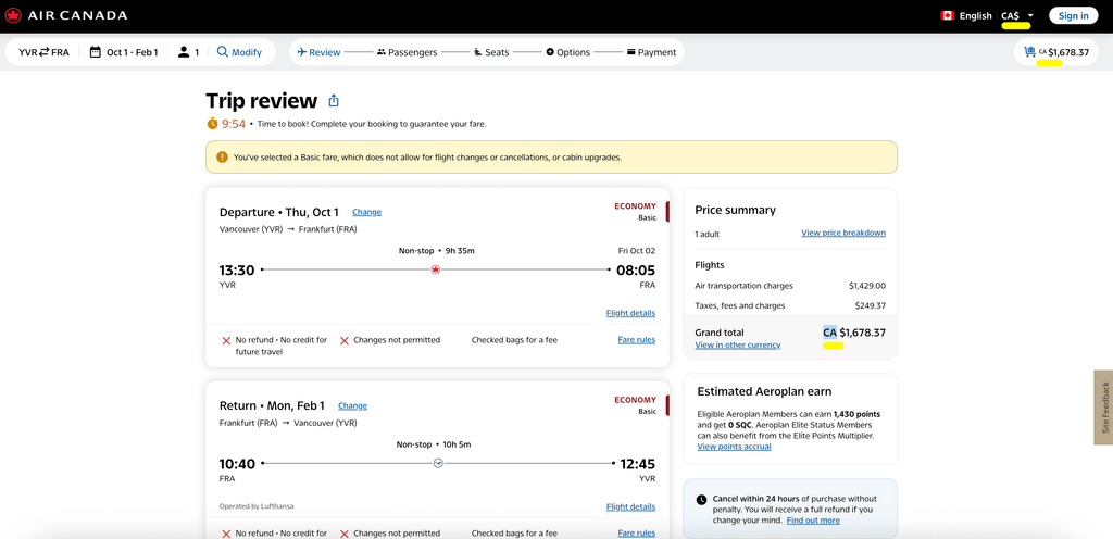 Air Canada Final Booking Page Currency