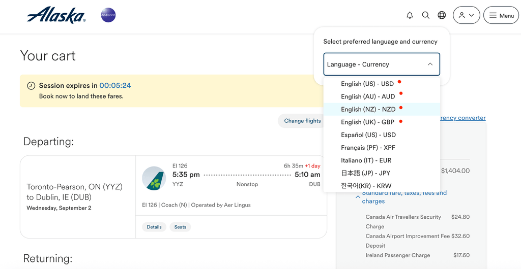 Alaska Airlines Language and Currency Choices