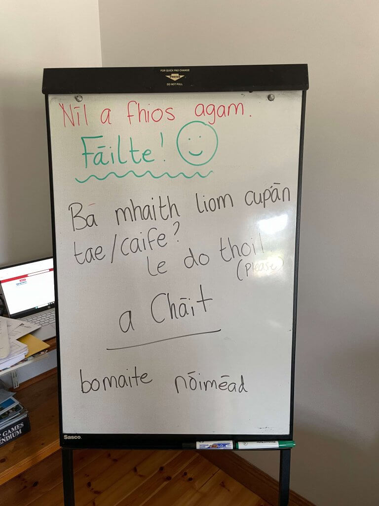 Oideas Gael - Day 1 Irish Language Classes Welcome Board